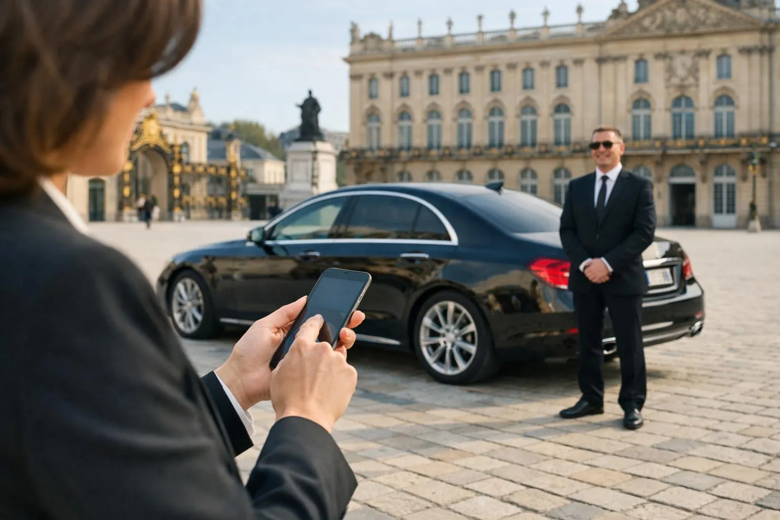 Professional businessperson using smartphone to book VTC service with luxury sedan visible near Place Stanislas architecture in Nancy, elegant modern transportation scene with professional chauffeur in background