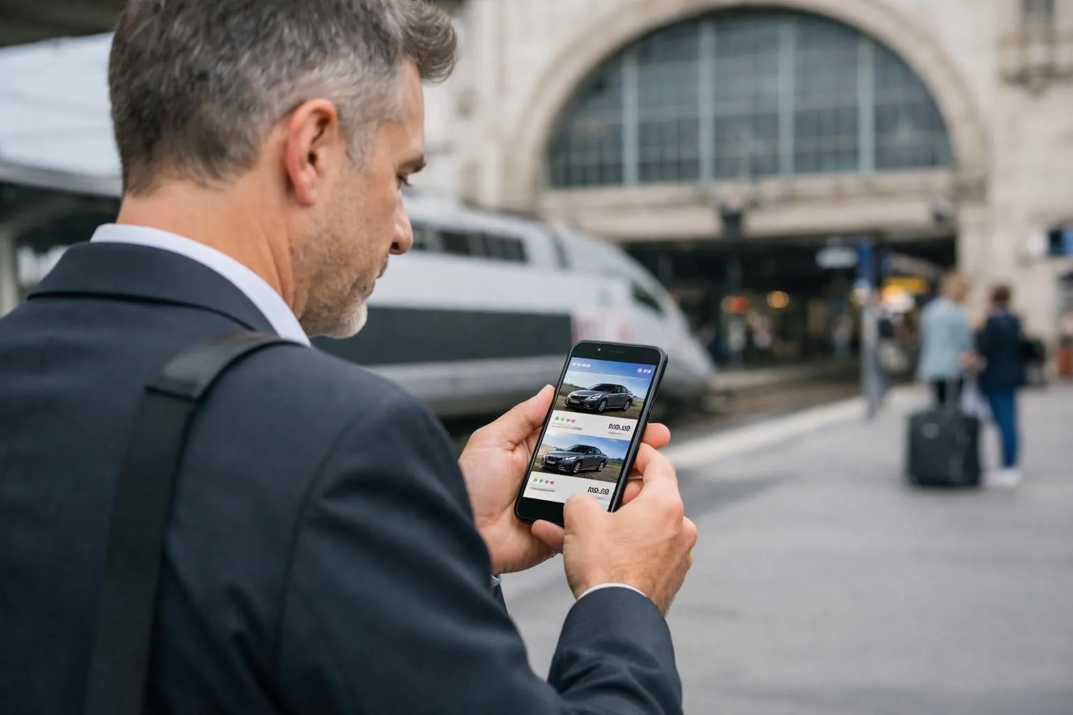 Professional businessman comparing VTC booking options on smartphone screen showing multiple app interfaces with star ratings and luxury vehicle photos in Nancy train station setting