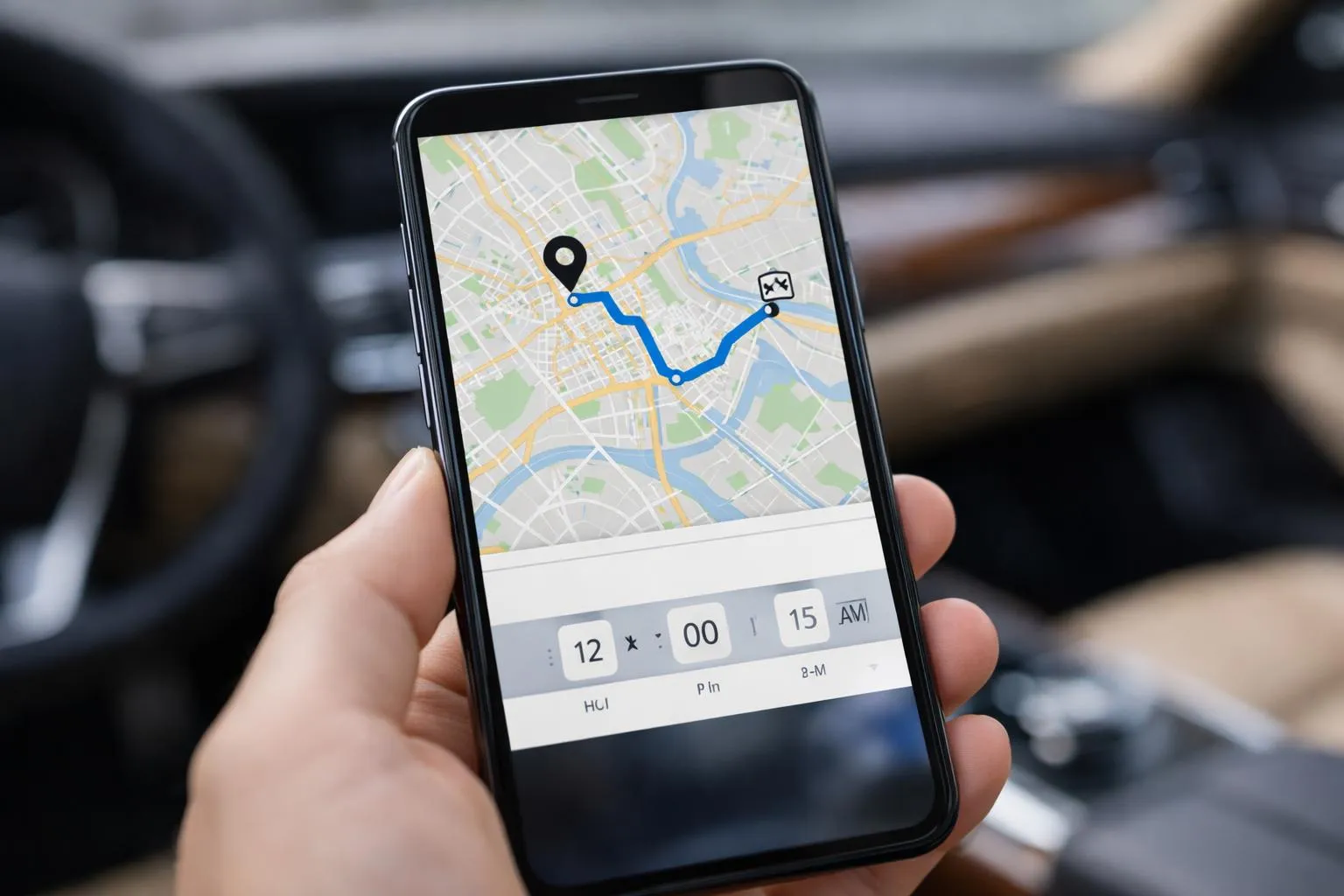 Businessman in suit holding smartphone displaying VTC reservation app with Nancy street map showing precise pickup location pin, destination route in blue, and time selection interface visible on screen, professional car interior blurred in background