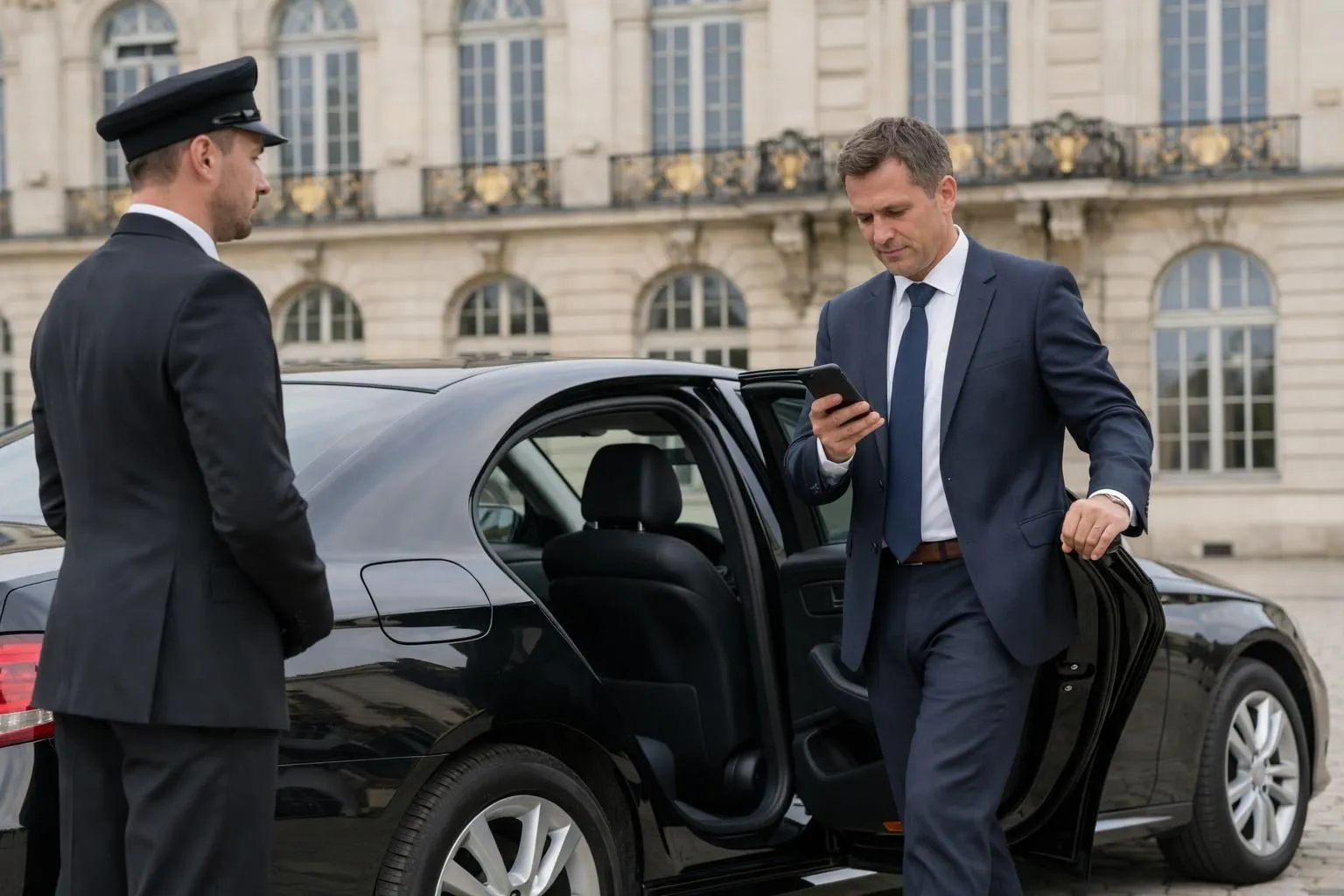 Professional businessman in elegant suit consulting his smartphone while standing beside a luxury black sedan in front of a classic Nancy building, with a discrete chauffeur holding the rear door open, emphasizing premium private driver service in urban setting