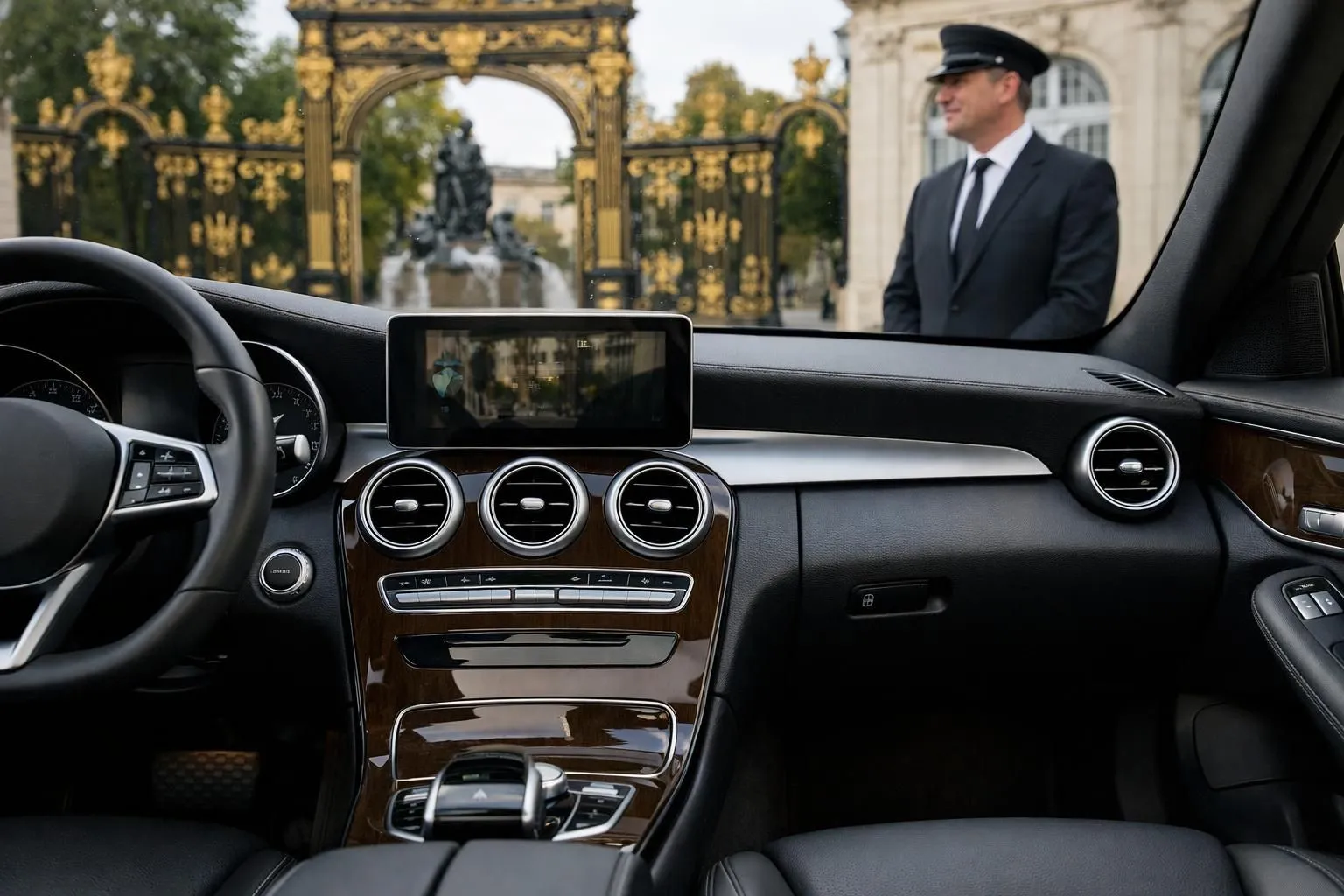 Elegant chauffeur-driven luxury sedan parked in front of ornate golden gates and neoclassical architecture of Place Stanislas in Nancy, with a professional driver standing beside the vehicle holding a tablet, sunny morning light