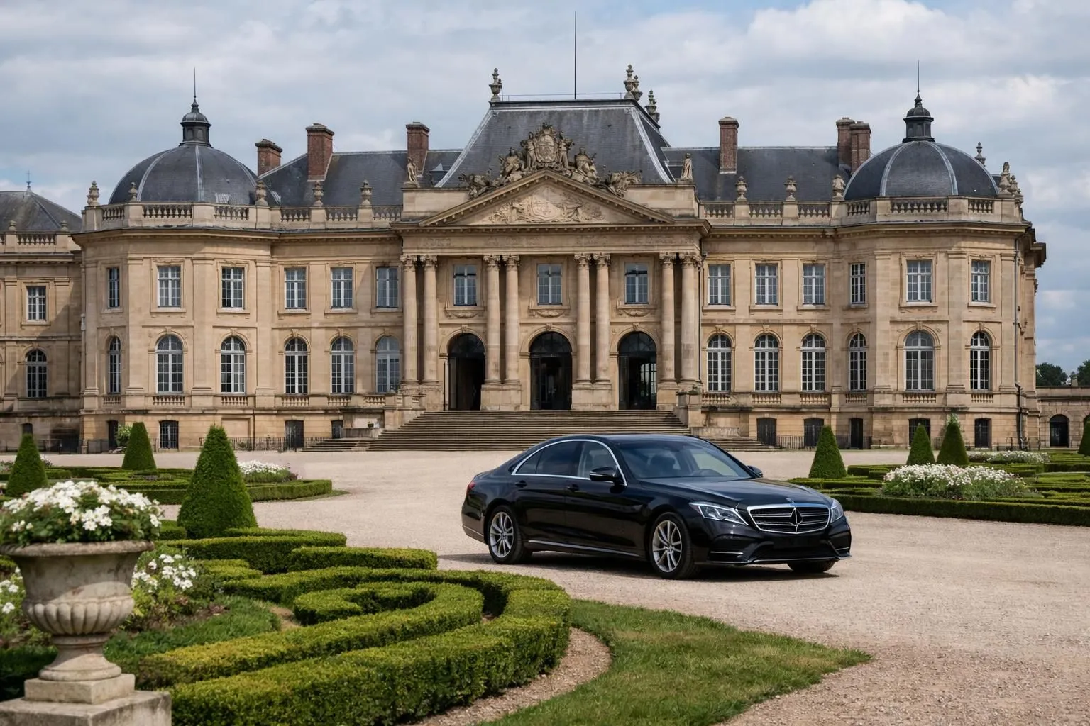 Vue panoramique du Château de Lunéville avec ses jardins à la française et architecture classique du XVIIIe siècle, façade baroque élégante sous ciel lorrain, Mercedes berline noire stationnée devant l'entrée principale du domaine
