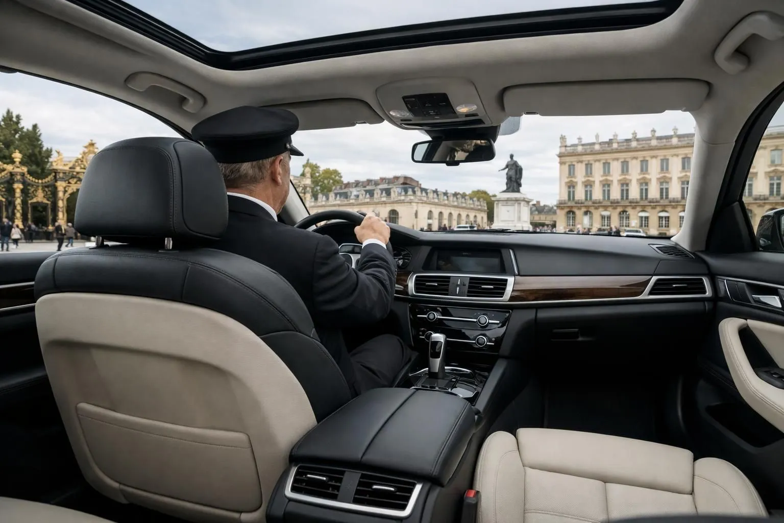 Interior view of a luxury black sedan with leather seats, professional chauffeur visible from behind at the wheel, elegant dashboard, Nancy cityscape visible through windshield with Place Stanislas architecture in soft focus, refined ambiance suggesting premium private transportation service, natural daylight, sophisticated business atmosphere