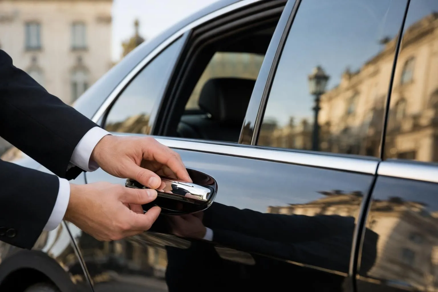 Luxury black sedan parked in front of Place Stanislas in Nancy with driver opening rear door for elegant business traveler, golden morning light, professional chauffeur service scene, no text