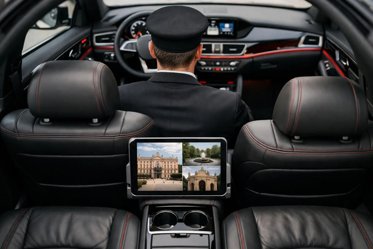 Interior view of a premium chauffeur-driven luxury sedan showing leather seats, onboard tablet displaying Nancy monument information, professional chauffeur visible from behind in elegant attire, refined dashboard with ambient lighting, emphasizing comfort and technology in VTC private driver service