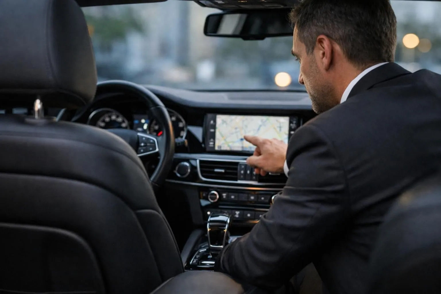 Professional chauffeur in dark suit checking navigation system inside premium sedan interior, with leather seats and dashboard visible, focused on planning Nancy to Paris route, realistic business travel atmosphere