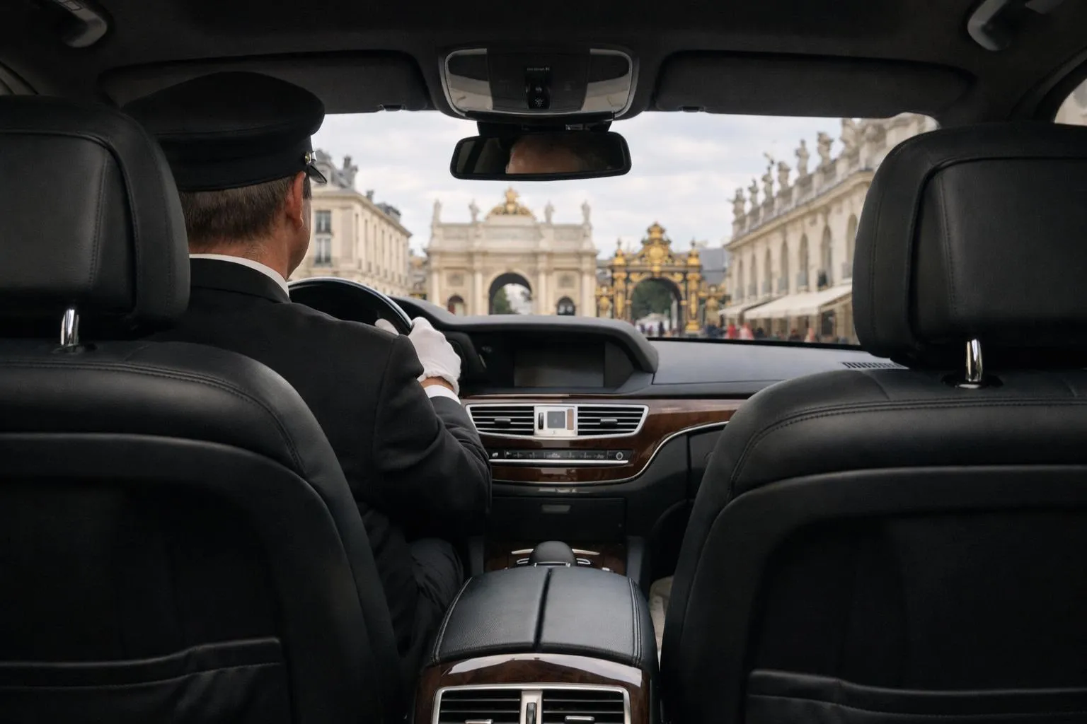 מבט פנים ממושב הנוסע האחורי של סדאן שחורה יוקרתית עם ריפוד עור, מראה נהג מקצועי מאחורי ההגה ומבט דרך השמשה הקדמית של שערי הזהב של כיכר סטניסלה ואדריכלות בארוקית בננסי, צרפת, אור יום טבעי, אווירה נוחה ואלגנטית, ללא טקסט או שלטים גלויים