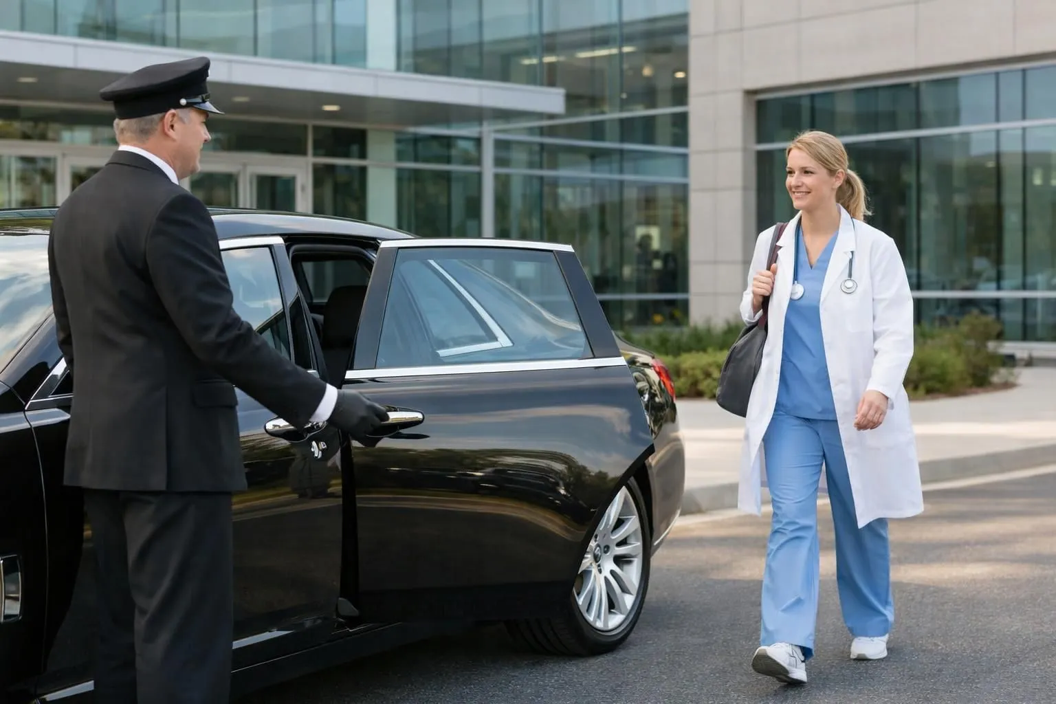Professional black luxury sedan parked outside modern Nancy hospital entrance, uniformed chauffeur standing beside vehicle holding door open, medical professional in white coat approaching car, clean polished vehicle reflecting morning sunlight, contemporary glass medical building in background, professional and discreet atmosphere