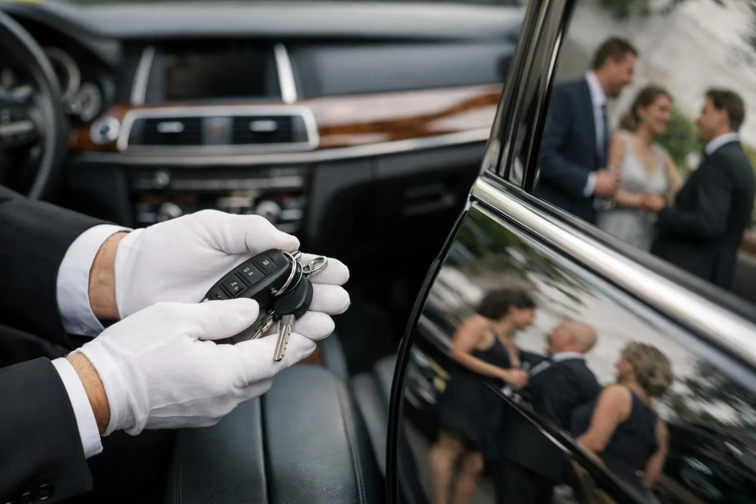Photographic collage showing five distinct event scenes: corporate executives at conference entrance with badge scanning, bride and groom near luxury sedan, red carpet gala with limousine, business seminar with multiple vehicles lined up, and elegant private celebration in château setting, all featuring professional chauffeur services in Nancy Grand Est region France