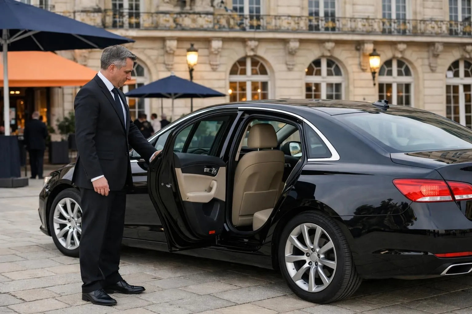 Professional chauffeur in dark suit opening rear door of elegant black luxury sedan for corporate executives arriving at a prestigious event venue in Nancy, with warm evening lighting highlighting the refined service and attention to detail