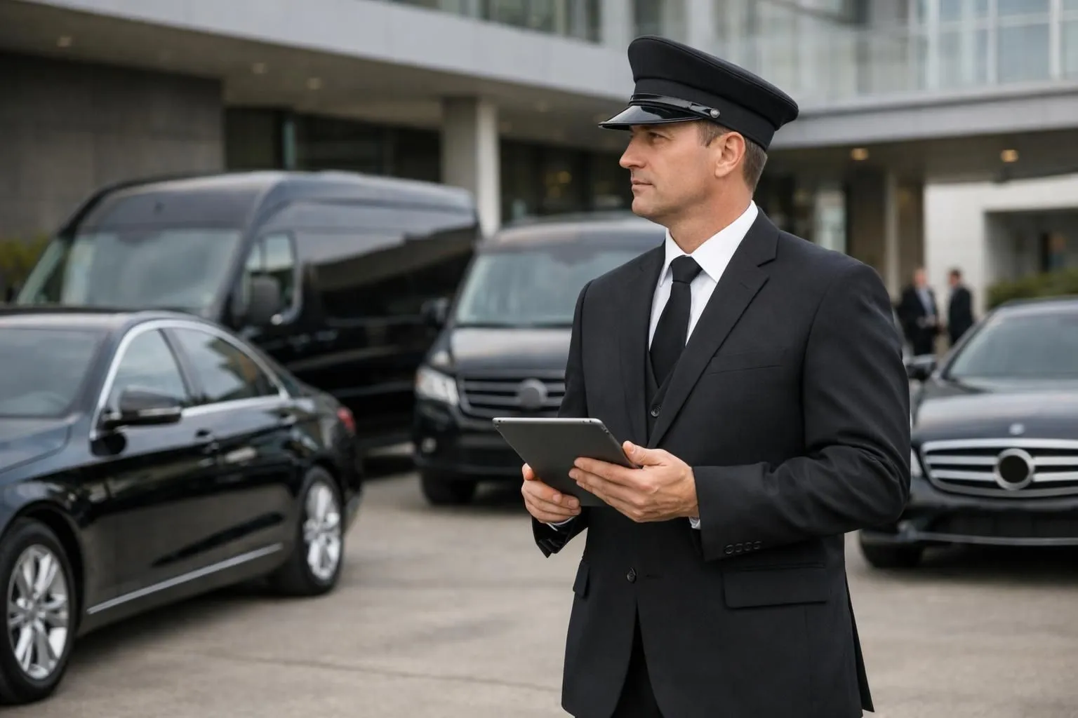 Professional chauffeur in elegant dark uniform standing beside a fleet of premium vehicles including executive sedans and luxury vans, coordinating tablet in hand, with multiple chauffeurs visible in background near modern corporate event venue, showing organized multi-vehicle operation for business event transportation