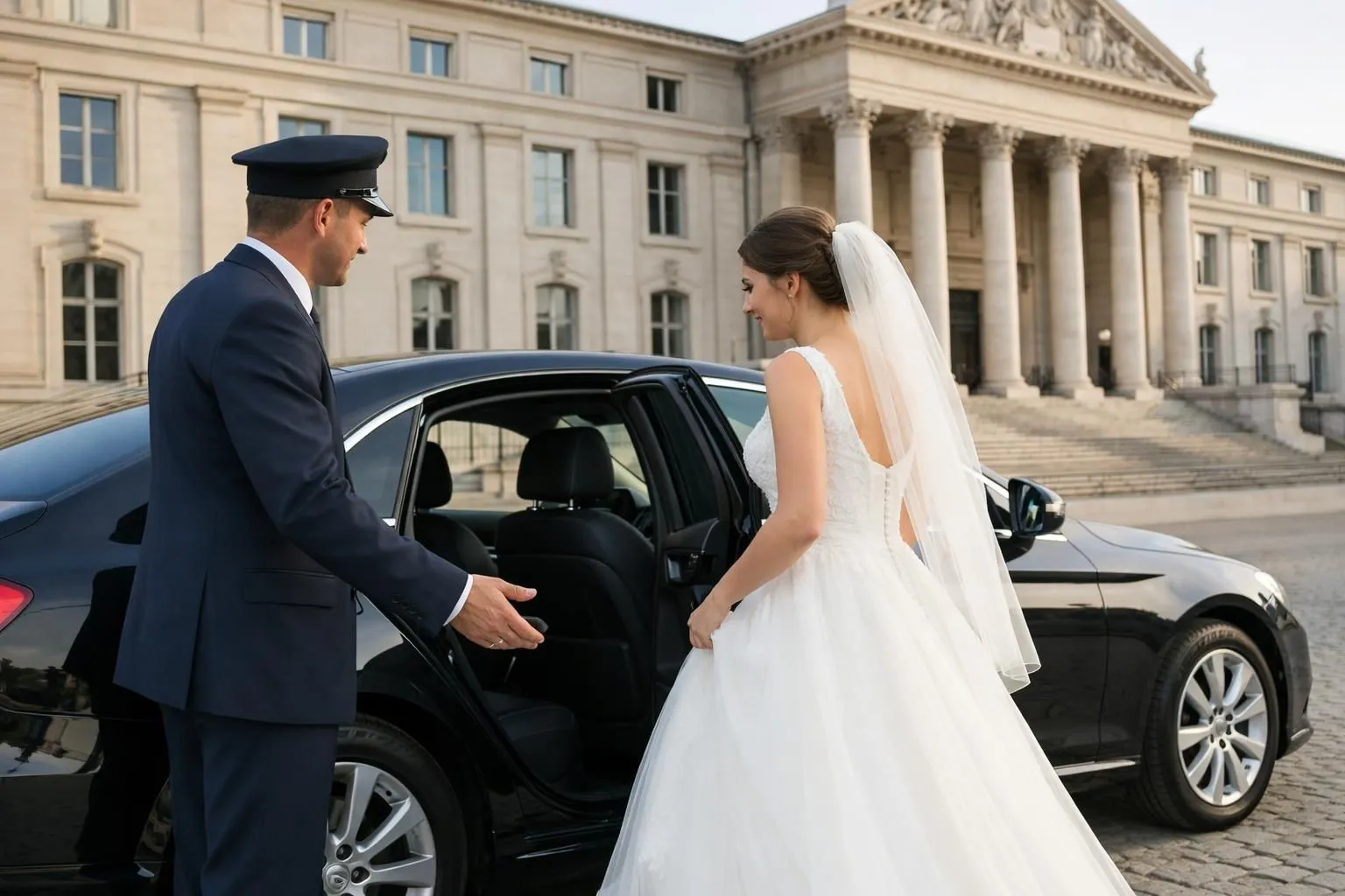 Elegant black luxury sedan with chauffeur opening door for bride in white wedding dress outside historic Nancy courthouse, golden hour lighting, professional service