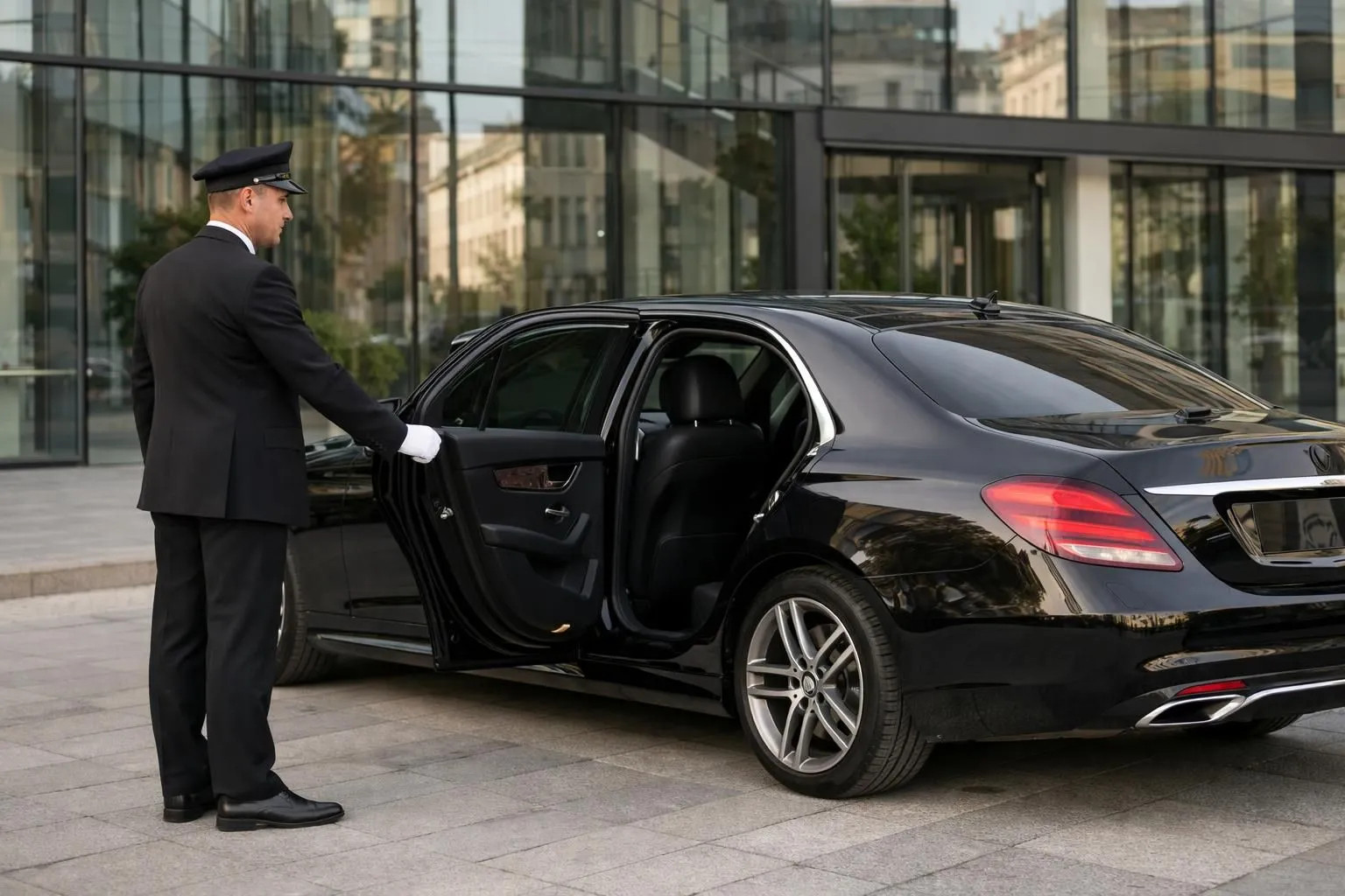 Professional chauffeur opening rear door of luxury black Mercedes sedan for business passenger in front of modern glass office building in Nancy, warm natural lighting, focus on premium service and elegance