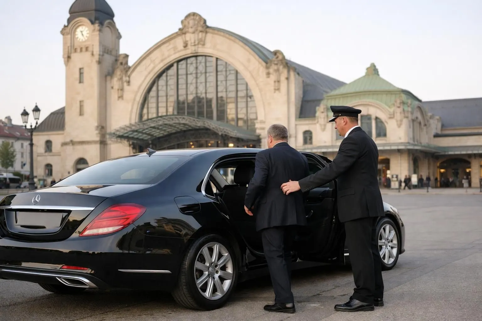Élégante berline noire Mercedes stationnée devant la façade historique de la gare de Nancy-Ville, chauffeur professionnel en costume sombre ouvrant la portière arrière pour un passager d'affaires, lumière matinale douce, architecture Art Nouveau en arrière-plan
