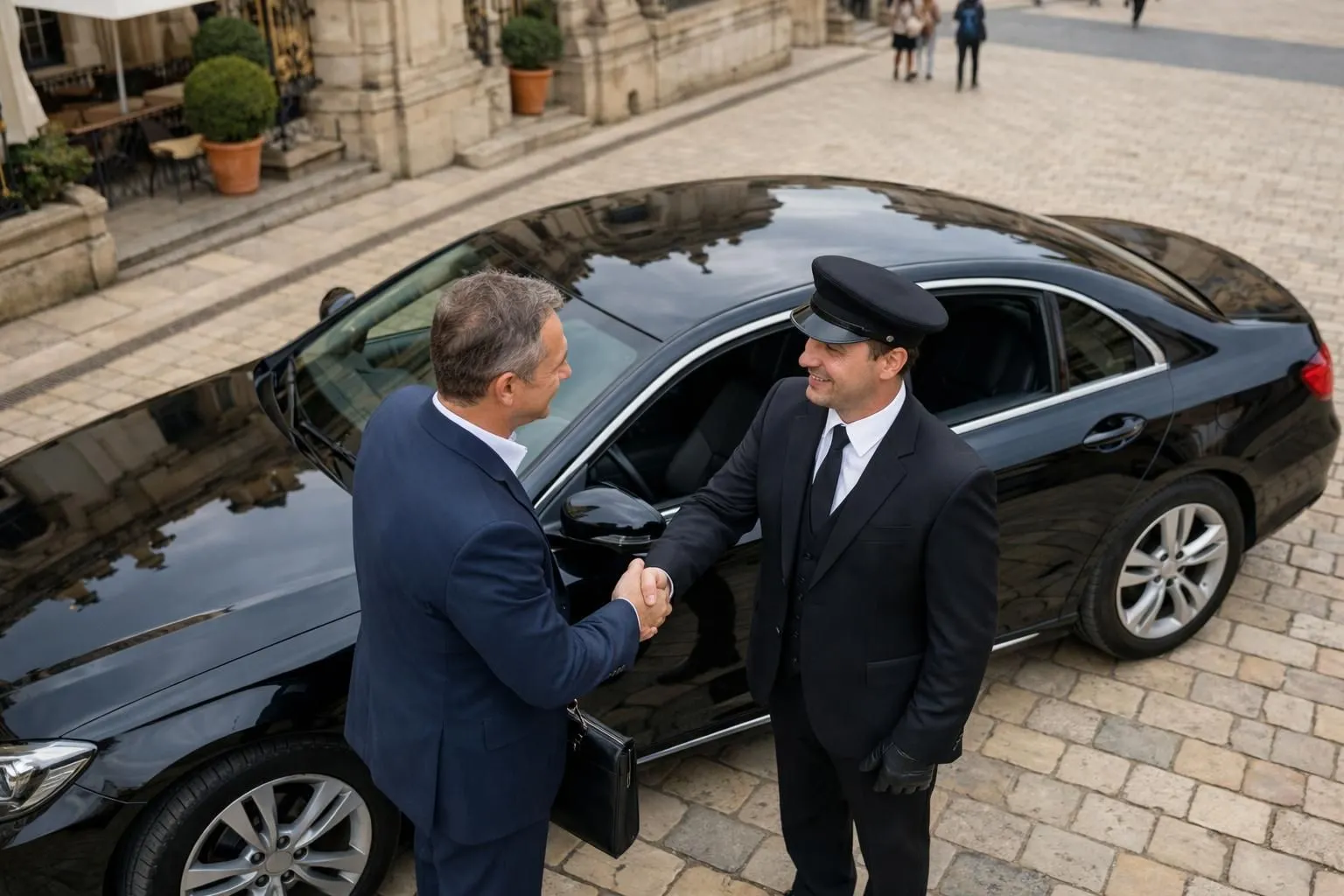 Homme d'affaires souriant serrant la main d'un chauffeur en costume devant une Mercedes noire garée devant la gare de Nancy, ambiance professionnelle et chaleureuse, lumière naturelle