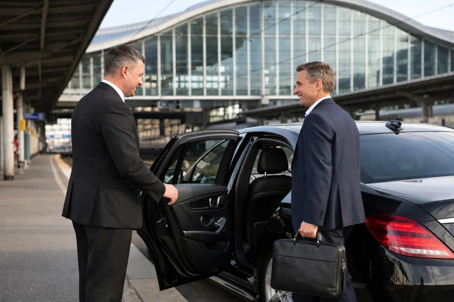 Deux hommes d'affaires se serrant la main près d'une voiture noire.