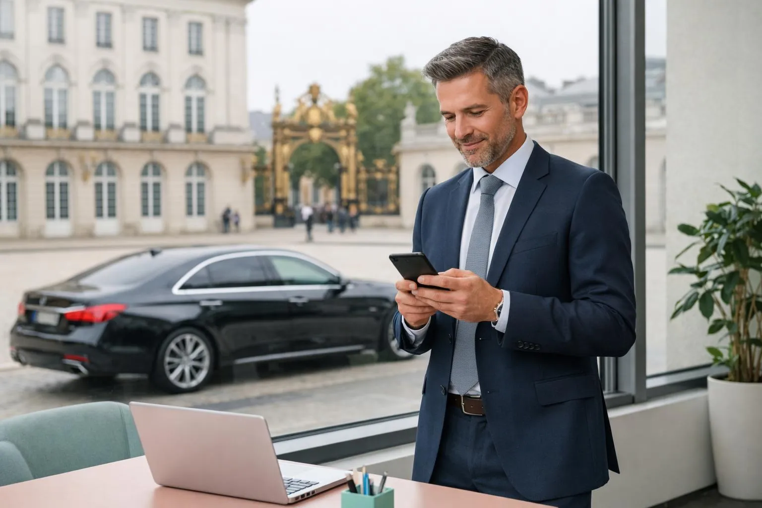 Homme d'affaires utilisant un téléphone portable devant un bâtiment historique.