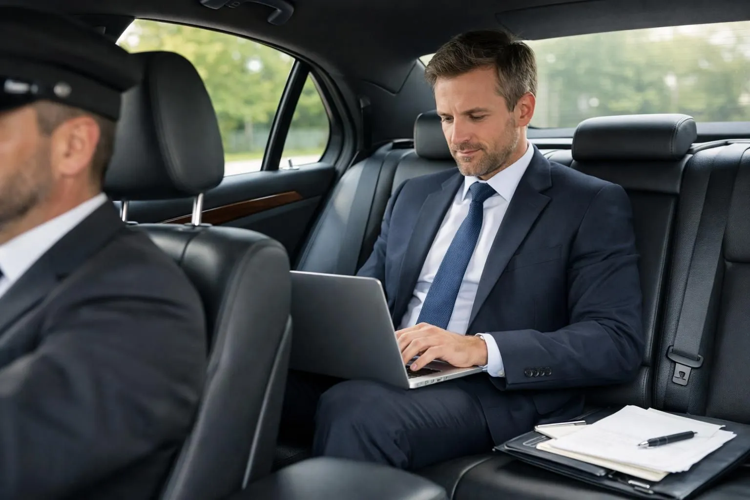 Professional businessman in suit working on laptop inside luxury sedan interior with leather seats during business journey, natural daylight through tinted windows, professional chauffeur partially visible in front seat, business documents on adjacent seat, premium car atmosphere