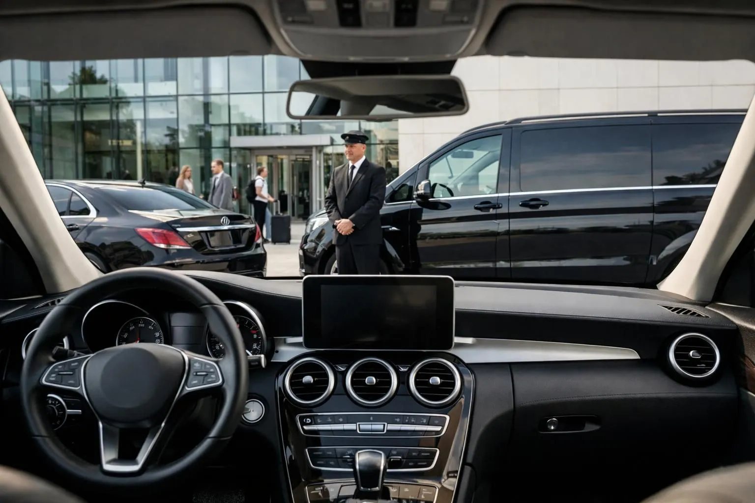 Luxury black sedan and spacious van parked side by side in front of modern corporate glass building in Nancy, professional chauffeur standing near vehicles, business travelers with luggage visible in background, daytime urban setting with clear sky