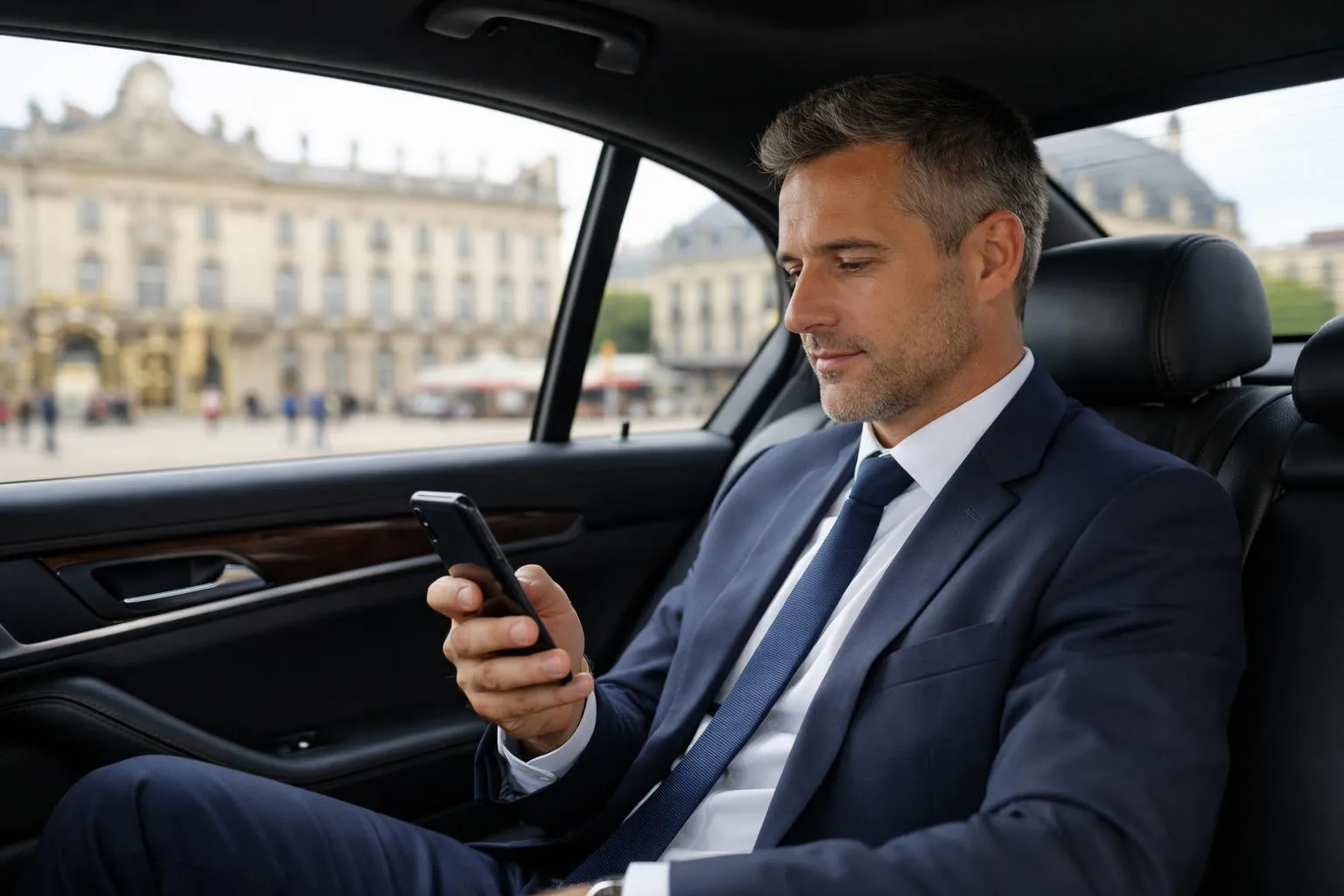 איש עסקים מקצועי בחליפה כהה מתייעץ עם הטלפון החכם שלו בזמן שהוא יושב במושב האחורי של מכונית סדאן שחורה יוקרתית, פנאי עור יוקרתי גלוי לעין, אור יום טבעי זורם דרך חלונות כהים, אור העיר ננסי מטושטש ברקע
