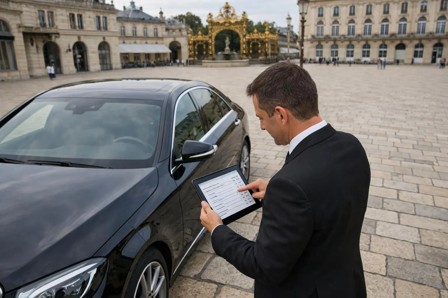 נהג מקצועי בחליפה אלגנטית אוחז בטאבלט המציג פירוט מחירים שקוף ללקוח עסקי ליד מרצדס סדאן פרימיום, כיכר סטניסלס ננסי, אדריכלות גלויה, בסגנון צילום תיעודי ריאליסטי, אור יום טבעי, ללא טקסט או מספרים גלויים בתמונה