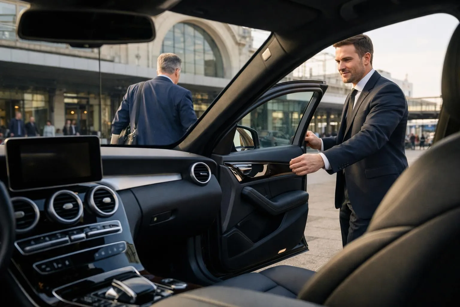 נהג מקצועי בחליפה אלגנטית פותח דלת של מכונית סדאן פרימיום לנוסע עסקים באזור היציאה של תחנת הרכבת נאנסי, פנים הרכב המודרני גלוי, אור בוקר, אווירת שירות מעודנת, ללא טקסט