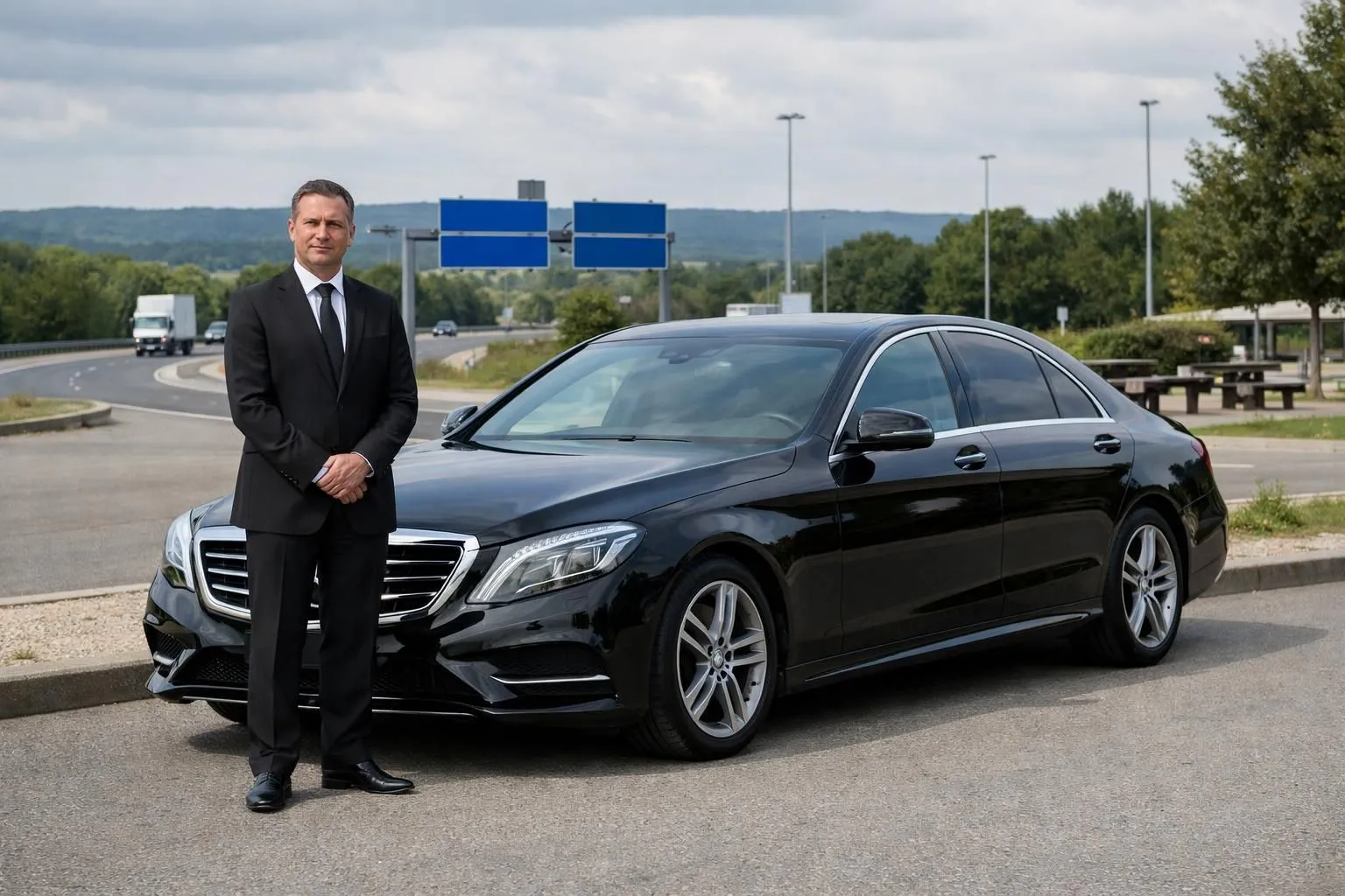 Professional chauffeur in dark suit standing beside premium black Mercedes sedan parked at French highway rest area with roadside signage visible, long-distance journey atmosphere, daytime natural lighting, business travel context