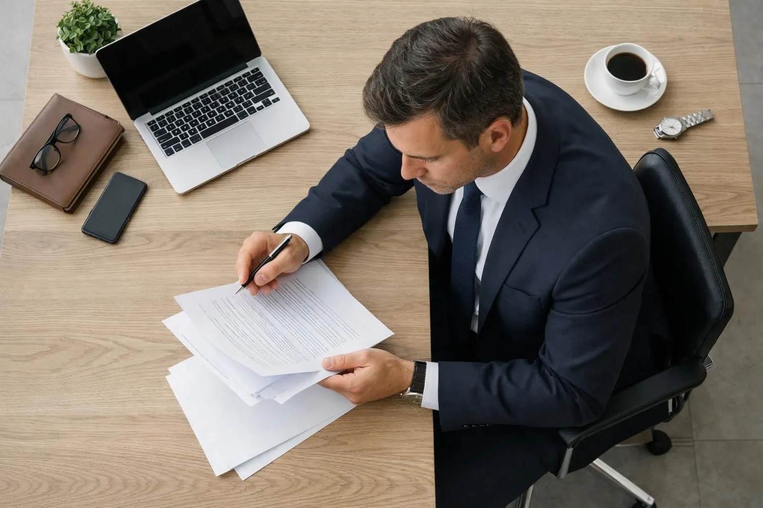Business professional in elegant suit carefully reviewing contract document at modern office desk with pen, showing concerned expression while examining fine print of service agreement, emphasizing importance of written guarantees before booking private driver service