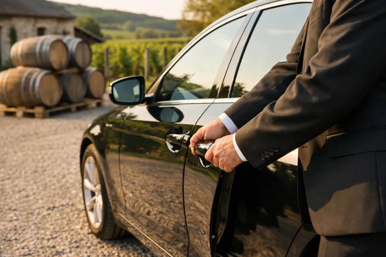 Un élégant chauffeur en costume sombre ouvre la portière d'une berline de luxe noire devant un domaine viticole lorrain.