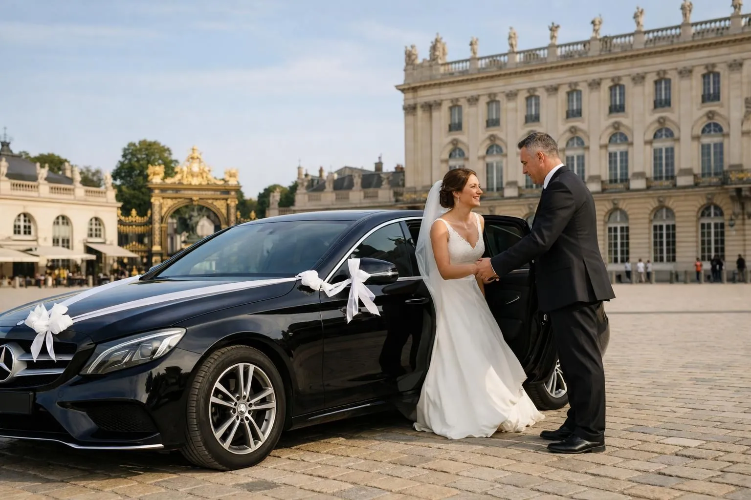 Luxury black Mercedes sedan decorated with white ribbon parked in front of Place Stanislas Nancy, professional chauffeur in suit opening door for bride in white dress, elegant French architecture visible, warm afternoon sunlight