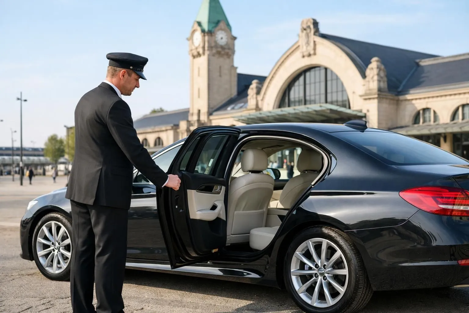 Moderne Luxuslimousine der Oberklasse mit professionellem Chauffeur im eleganten dunklen Anzug öffnet die hintere Tür für einen Geschäftsreisenden vor dem Bahnhof Nancy. Morgenlicht, exklusiver privater Fahrdienst von VTC, makelloser Fahrzeuginnenraum durch die offene Tür sichtbar.