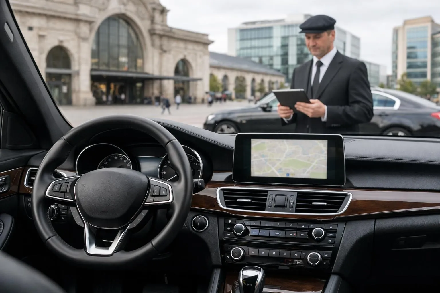 Eine elegante schwarze Limousine parkt vor dem Bahnhof Nancy-Ville. Ein professioneller Chauffeur steht neben dem Fahrzeug und hält ein Tablet in der Hand. Im Hintergrund ist moderne Stadtarchitektur zu sehen. Natürliches Tageslicht. Ein Geschäftsreisender mit Gepäck nähert sich dem Wagen.