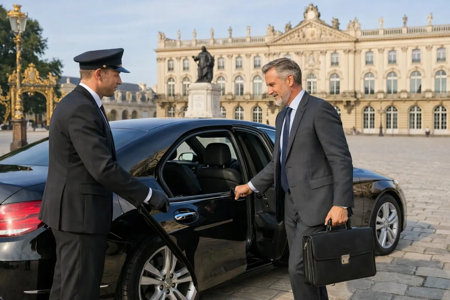 Professional chauffeur opening luxury sedan door for executive businessman with briefcase in front of Place Stanislas Nancy, morning light, elegant professional service scene with recognizable Nancy architecture in background