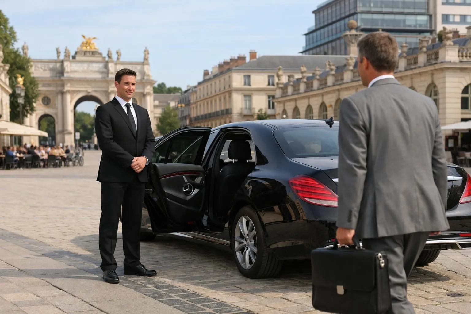 Professional chauffeur in dark suit standing beside open door of luxury black Mercedes sedan, client approaching with briefcase in modern urban setting of Nancy, warm natural lighting highlighting vehicle's pristine condition and professional service atmosphere