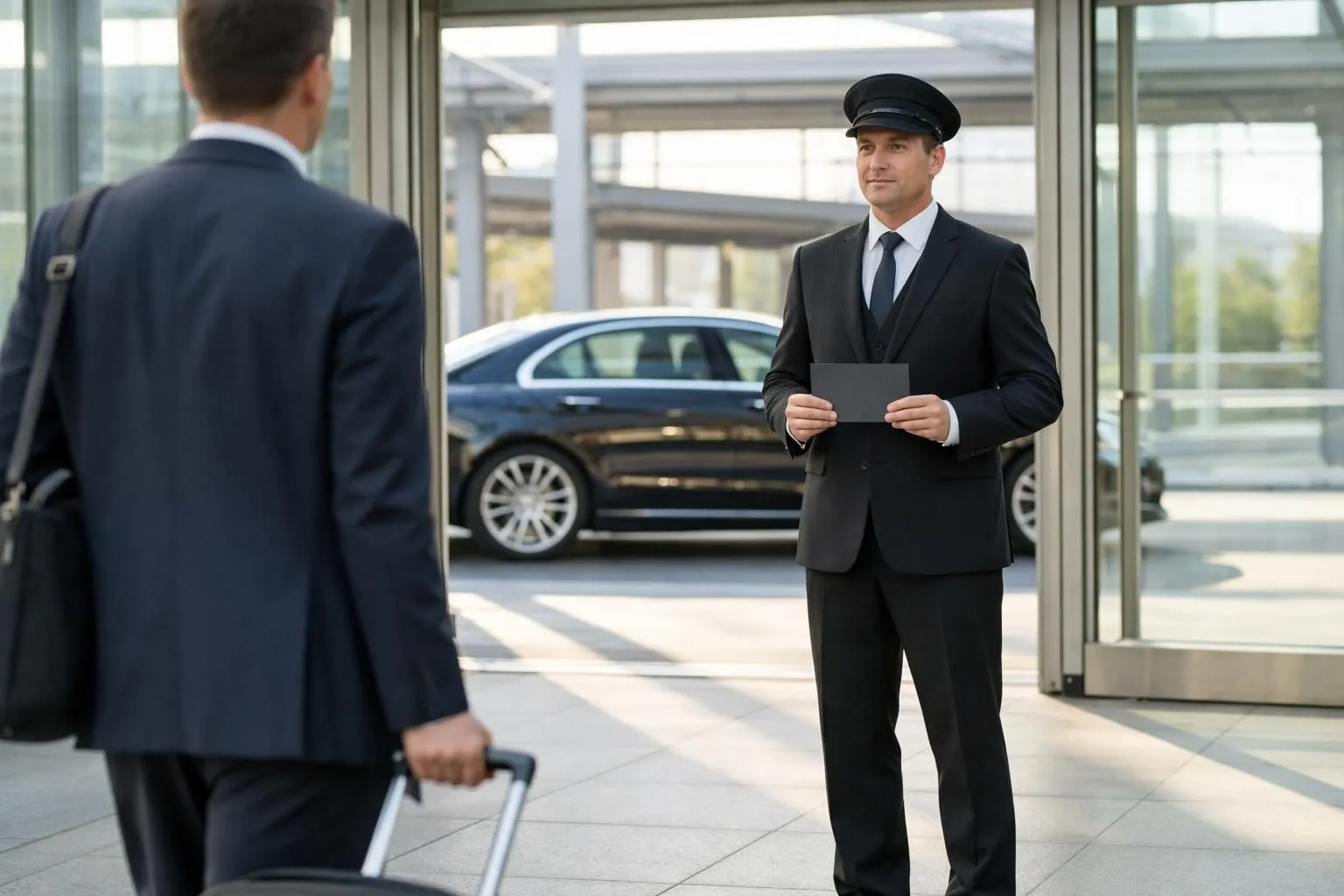 Ein professioneller Chauffeur im eleganten dunklen Anzug hält ein dezentes Willkommensschild und steht in der Ankunftshalle eines modernen Bahnhofs. Durch die Glastüren ist eine Luxuslimousine zu sehen, ein Geschäftsreisender mit Rollkoffer nähert sich. Morgenlicht durchflutet die zeitgenössische Architektur; eine Atmosphäre von gehobenem Service.