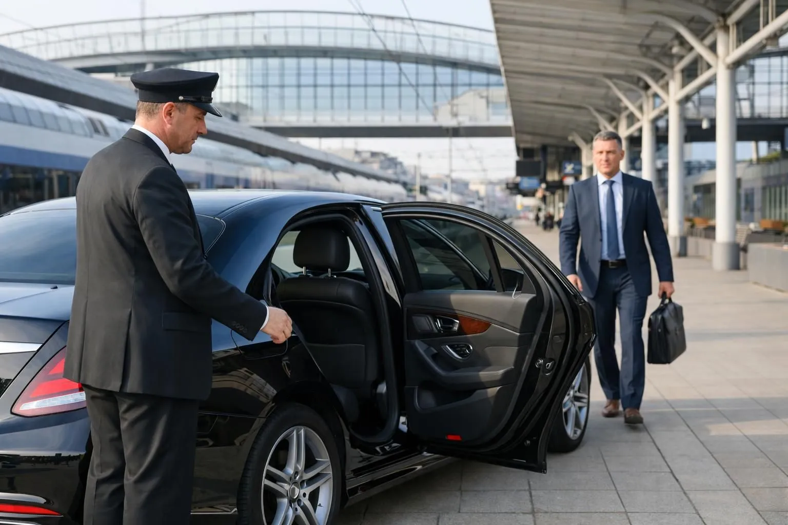 Professioneller Chauffeur im dunklen Anzug öffnet die hintere Tür einer makellosen schwarzen Mercedes-Limousine auf dem Bahnsteig des Bahnhofs Nancy. Lederausstattung sichtbar. Geschäftsmann mit Aktentasche nähert sich. Moderne Bahnhofsarchitektur im Hintergrund. Natürliches Morgenlicht. Realistischer Stil der Unternehmensfotografie. ABSOLUT KEIN TEXT ODER SCHILDER.