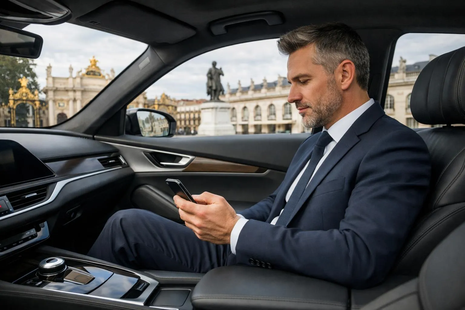 Professional business traveler examining smartphone displaying customer reviews inside luxury sedan interior, Nancy cityscape architecture visible through tinted window, elegant dashboard, no text visible