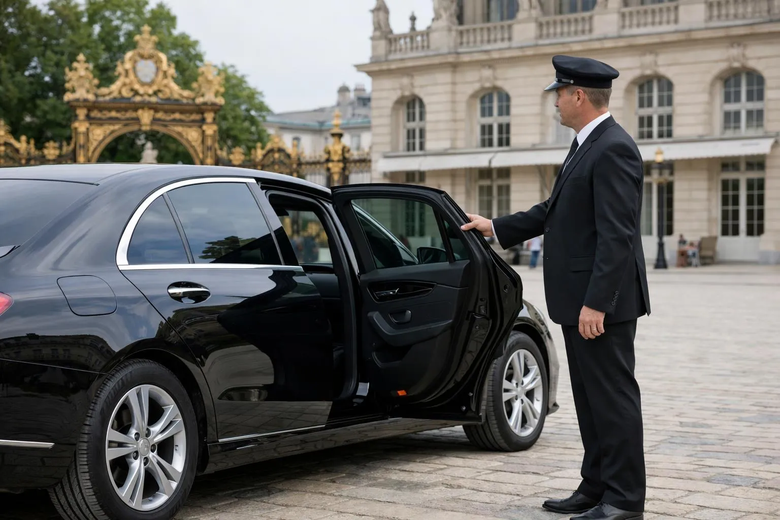 Professional chauffeur in dark suit holding door open of luxurious black sedan parked at Place Stanislas Nancy, elegant 18th-century French architecture with golden gates in background, natural daylight, business atmosphere