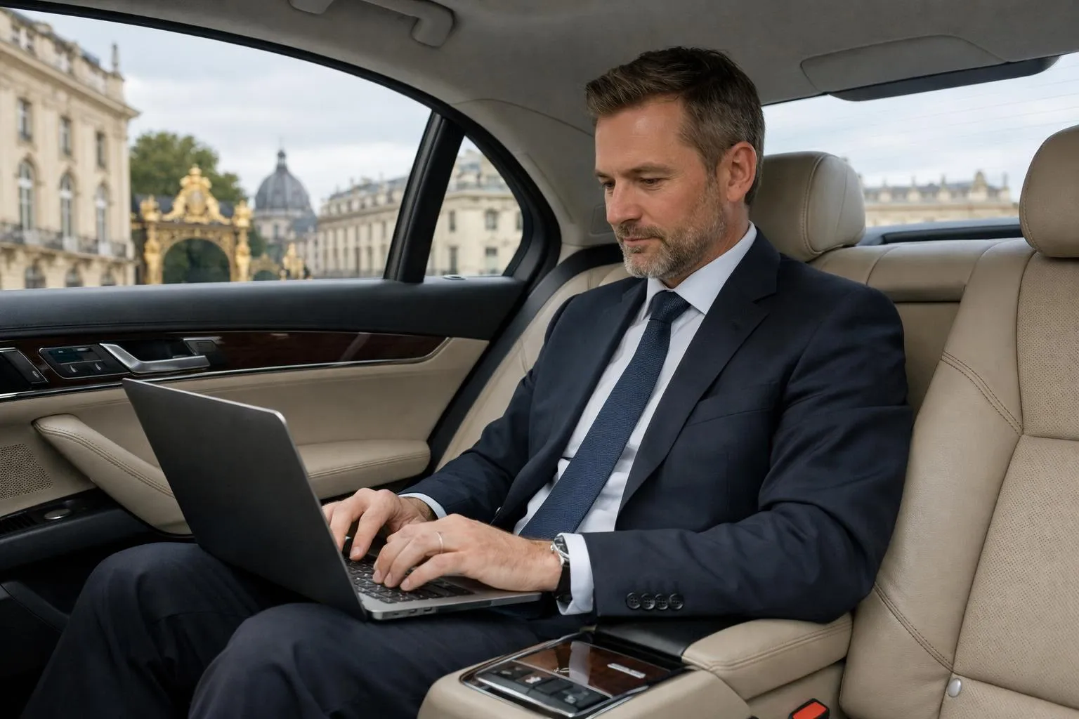 Homme d'affaires travaillant sur ordinateur portable dans une voiture de luxe.