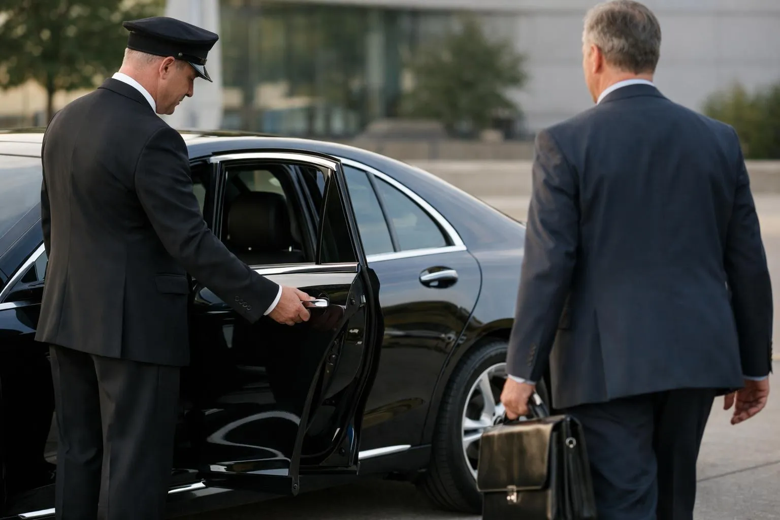 Homme d'affaires entrant dans une voiture de luxe avec chauffeur.