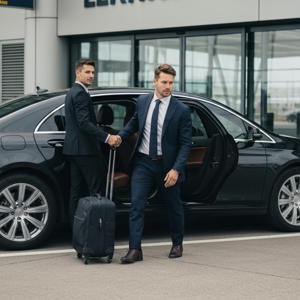 Professional business traveler in elegant attire stepping out of luxury black sedan at modern airport terminal entrance, chauffeur in suit holding car door open, premium luggage visible, natural daylight, focus on smooth arrival experience for service transfert aéroport metz nancy