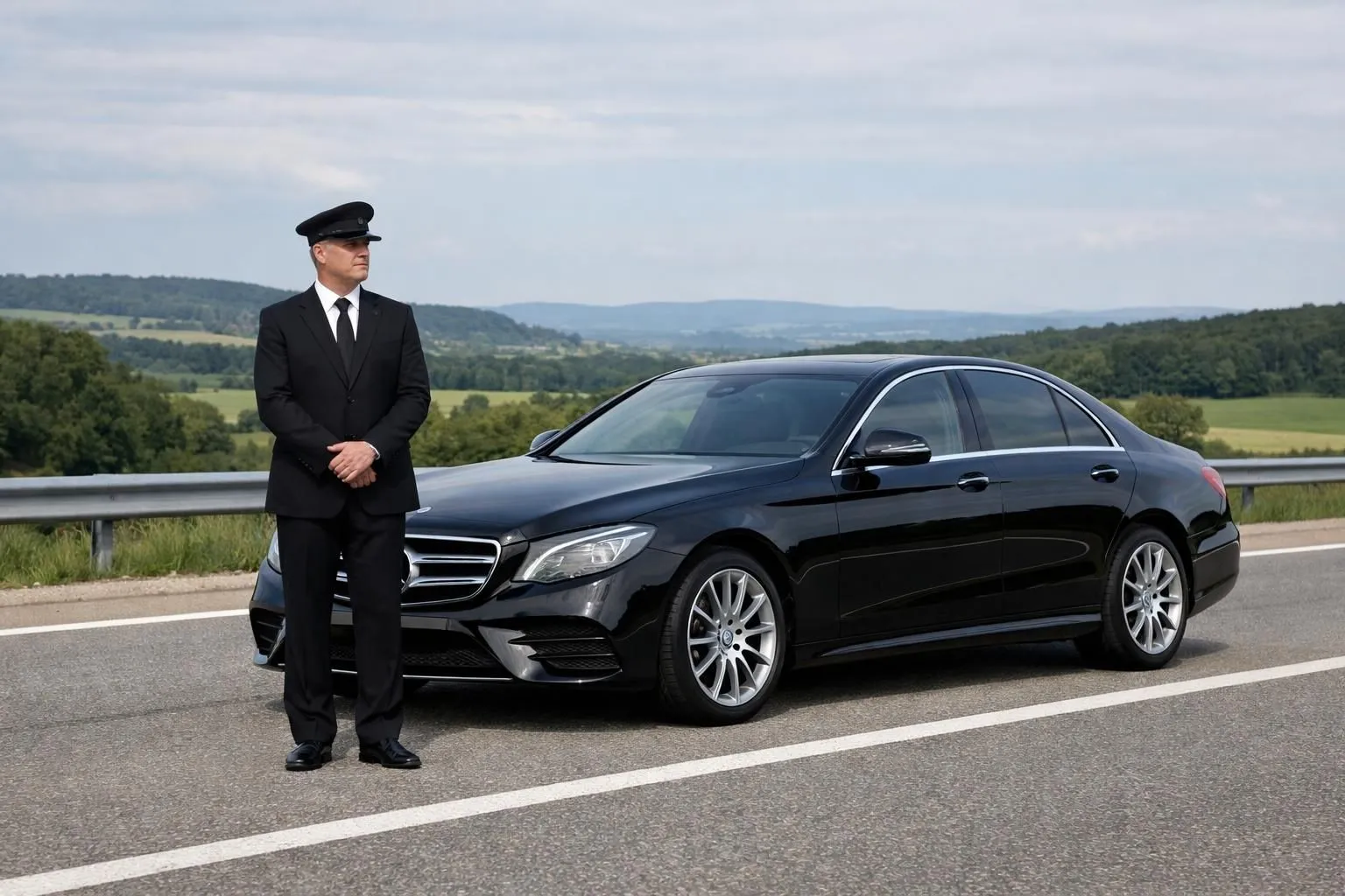 נהג מקצועי בחליפה כהה עומד ליד מכונית סדאן מפוארת מרצדס שחונה לאורך כביש ננסי-שטרסבורג, סביבה לנסיעות עסקים עם תשתית כבישים צרפתית מודרנית ונוף ירוק, אווירת שירות אלגנטית ללא טקסט או שילוט גלויים.