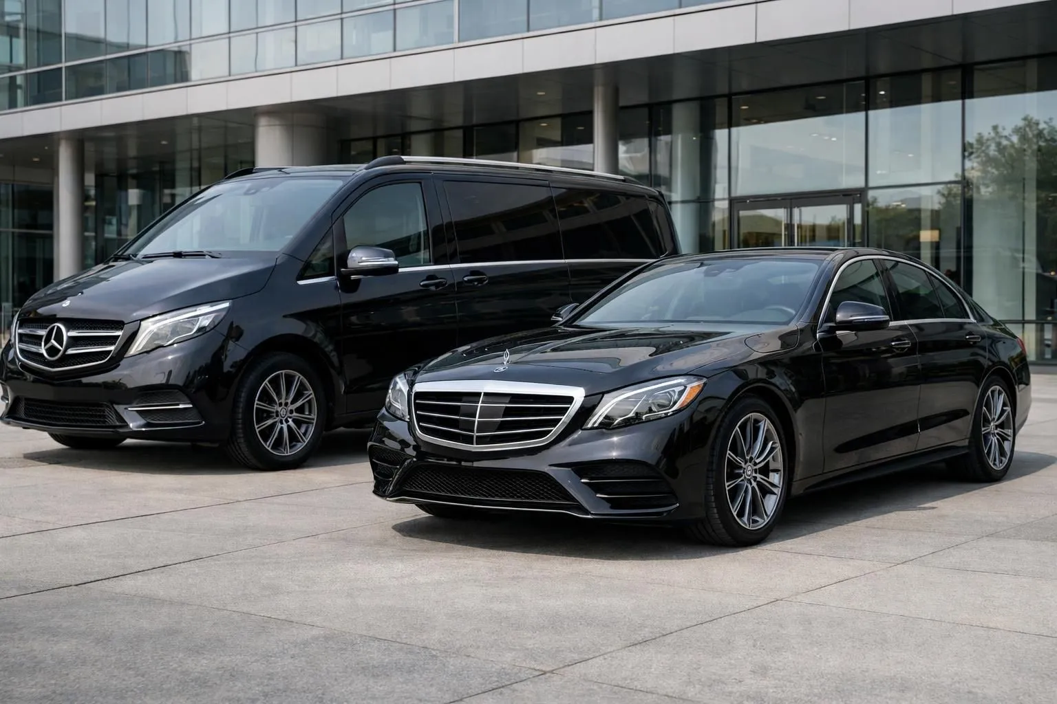 השוואה מפוצלת המציגה שני רכבי מרצדס יוקרתיים זה לצד זה בתאורה מקצועית, טנדר מרווח מדגם Class V עם מספר מושבי נוסעים משמאל וסדאן Class S לימוזינה אלגנטית מימין, שני כלי הרכב בגימור שחור טהור חונים מול בניין זכוכית מודרני, המייצג את הבחירה בין קטגוריות רכב שונות עבור שירותי נהג פרטי, בסגנון צילום מקצועי ללא כל טקסט או מיתוג גלויים.