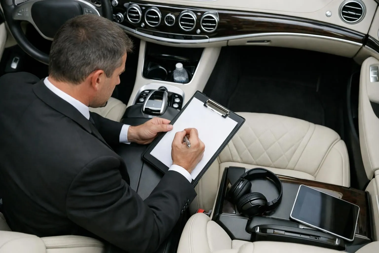 נהג אלגנטי בחליפה כהה מחויטת בודק רכב סדאן פרימיום עם לוח כתיבה, בודק פרטי תחזוקה וציוד מקצועי בתוך פנים מכונית היוקרה, סביבה עסקית מקצועית בננסי, צרפת