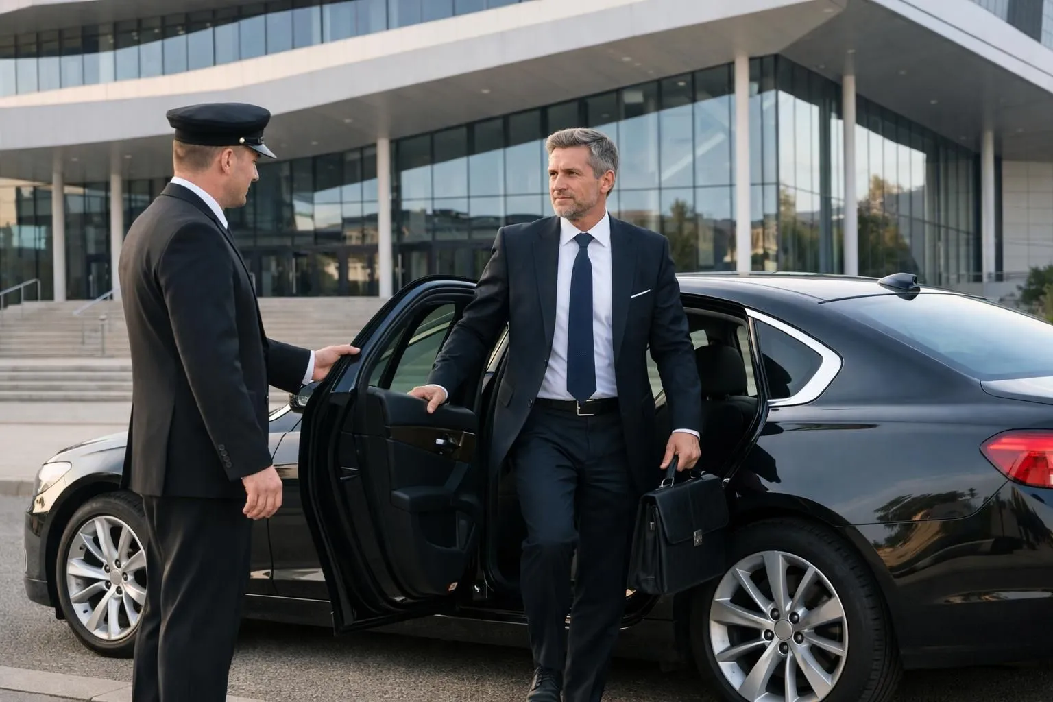 Professional businessman in dark suit exiting elegant black Mercedes sedan in front of modern Nancy convention center, chauffeur holding door open, early morning light, sleek business atmosphere, realistic photography style