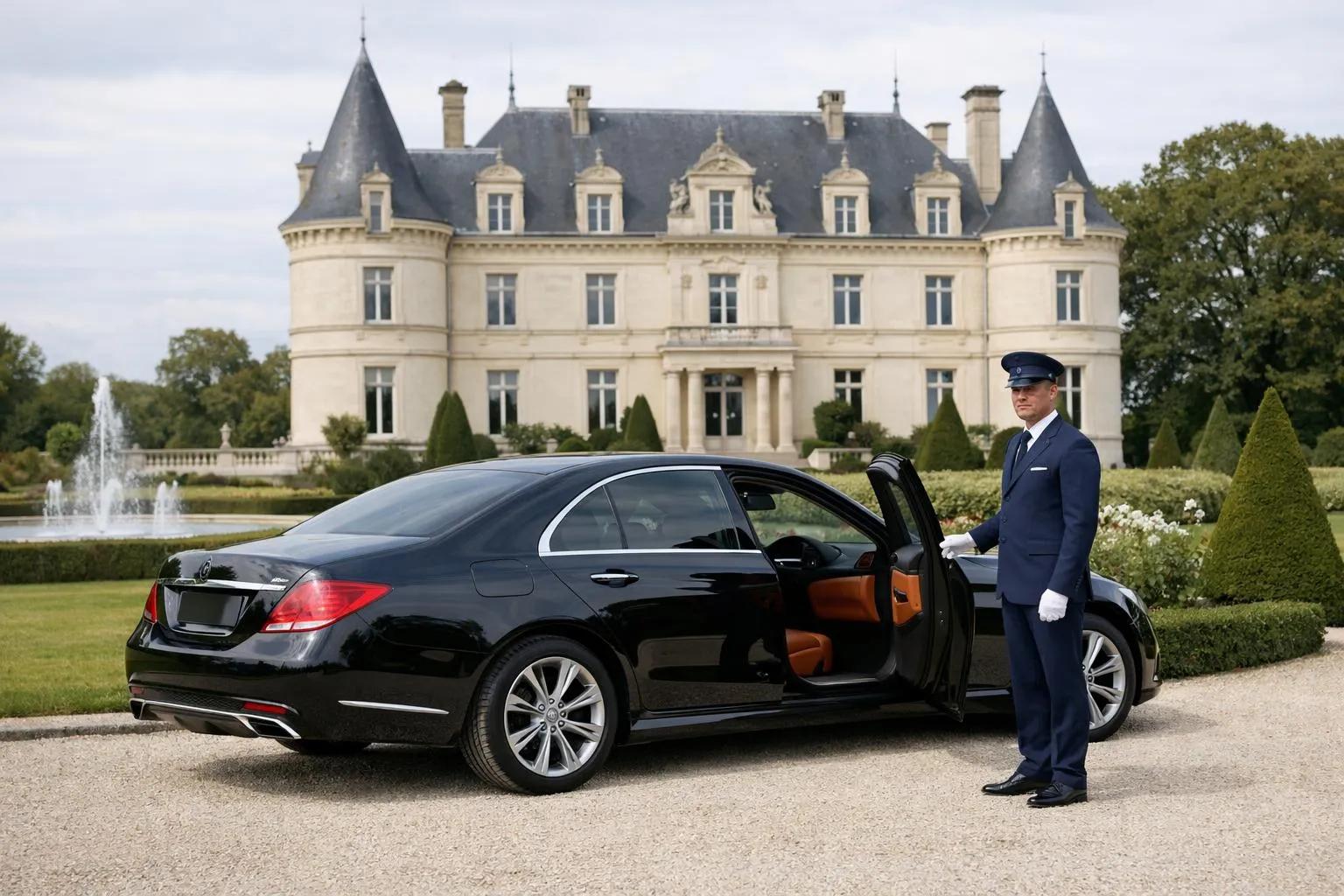 Une berline de luxe noire avec un chauffeur en uniforme debout près de la porte ouverte, garée devant un élégant château français avec des jardins soignés, dans une atmosphère de mariage avec une douce lumière naturelle.