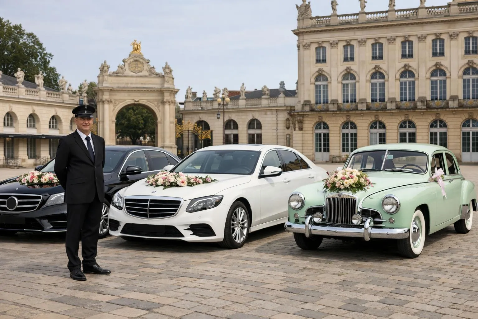 Comparaison élégante de trois véhicules de mariage garés côte à côte : une berline haut de gamme, une voiture de luxe et une automobile vintage avec un chauffeur professionnel à côté dans un décor architectural historique de Nancy, montrant les différences d'échelle et de qualité de service.