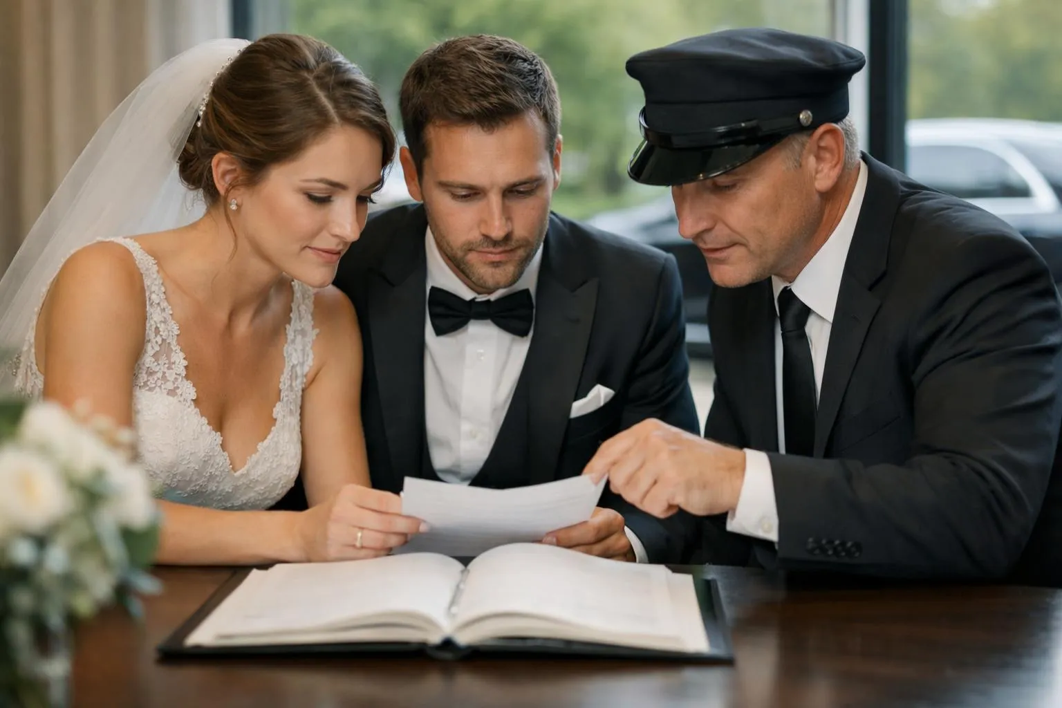 Un chauffeur professionnel en tenue de cérémonie examine un contrat détaillé avec les mariés à une table élégante, une scène de consultation pour la planification du mariage avec des documents de tarification et une calculatrice visibles, un véhicule de luxe visible par la fenêtre en arrière-plan.