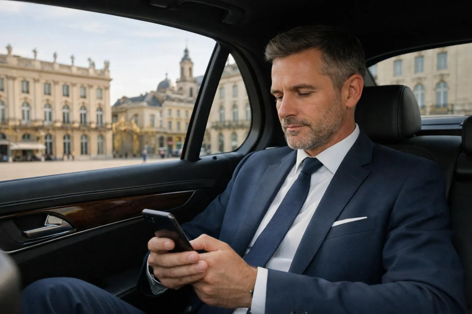 Professionnel en costume consultant smartphone dans véhicule premium avec intérieur cuir, arrière-plan urbain Nancy avec architecture classique, lumière naturelle douce, scène réaliste sans texte