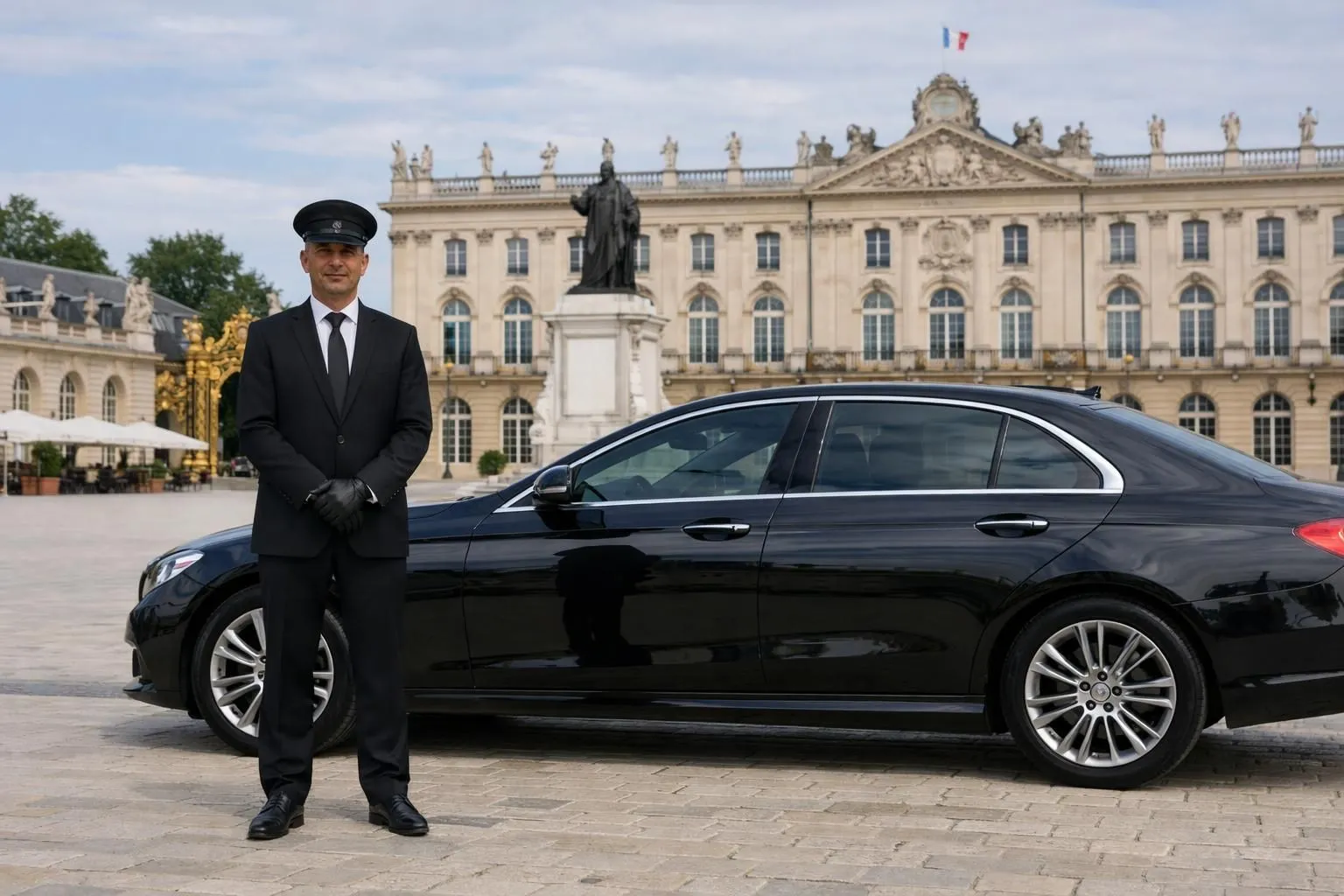 Professional chauffeur in dark elegant suit standing beside luxury black sedan in front of Place Stanislas Nancy, daytime urban setting with classic French architecture, ABSOLUTELY NO TEXT or numbers visible